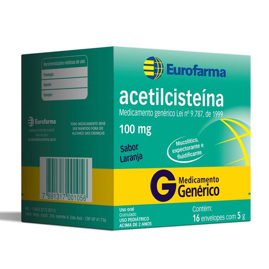 Acetilcisteína 100mg Granulados 16 Envelopes com 5g - Eurofarma Genérico