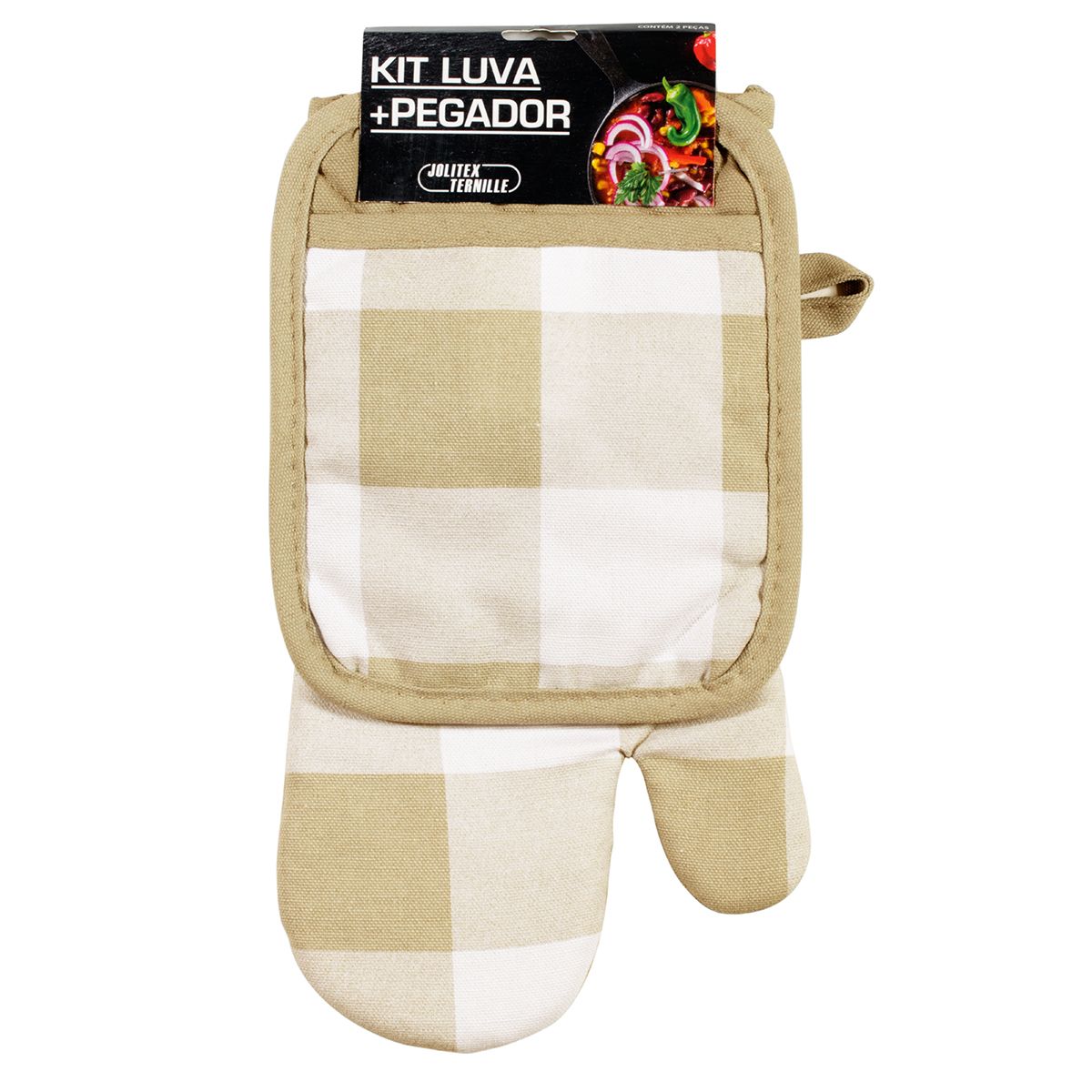 Kit-Luva-18cmx33cm---Pegador-18cmx23cm-Estampado-Xadrez-Bege---Jolitex-0