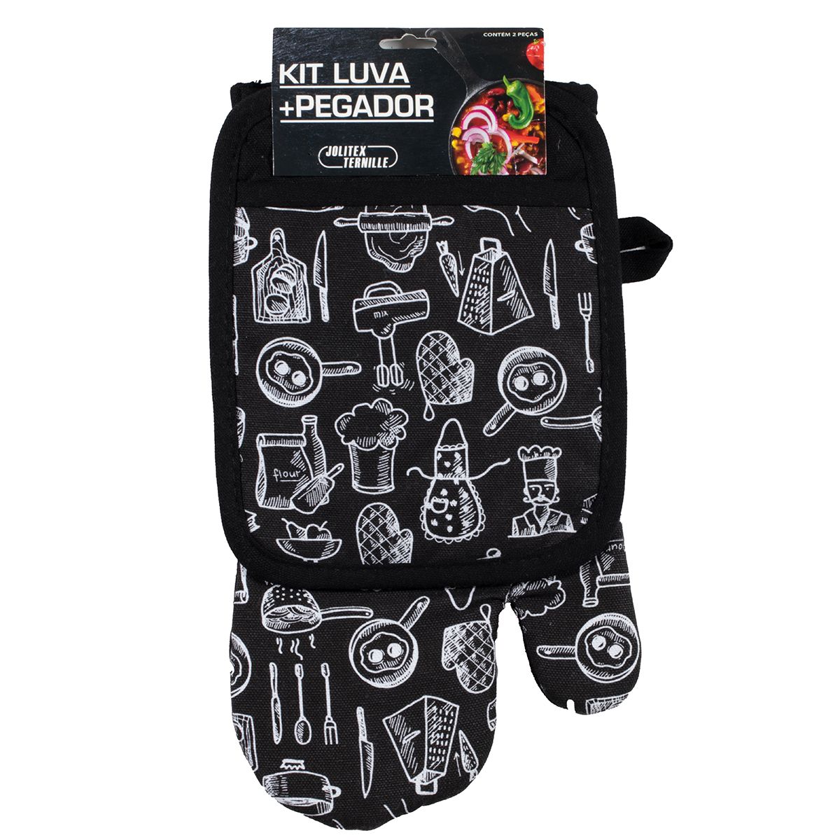 Kit-Luva-18cmx33cm---Pegador-18cmx23cm-Estampado-Kitchen-Preto---Jolitex-0