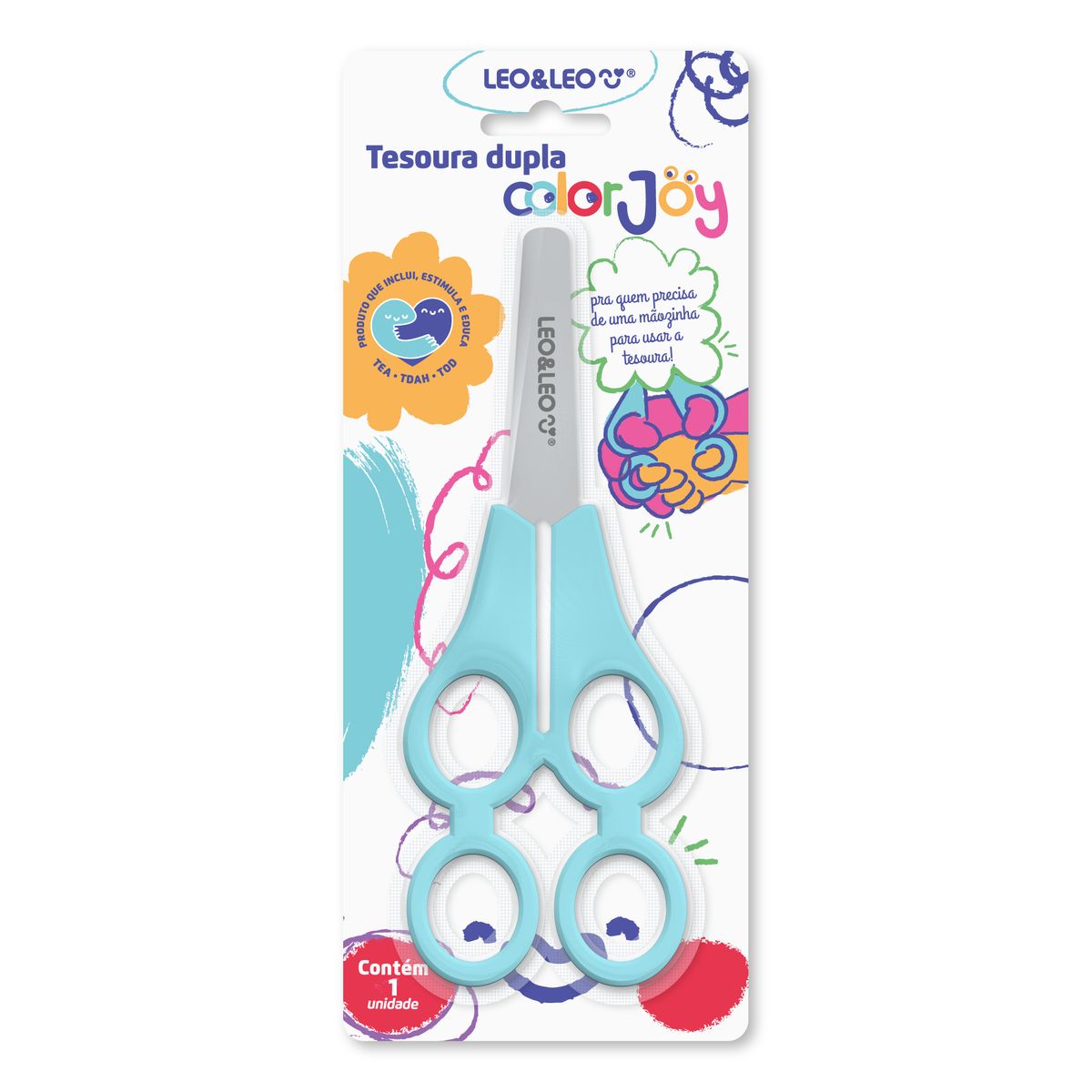 Tesoura-Escolar-Dupla-Tandem-Color-Joy---Blister-Com-1-Unidade---Leo-Leo-1