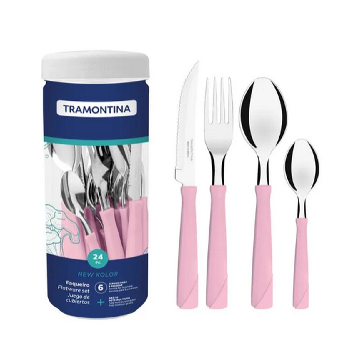 Faqueiro-Tramontina-New-Kolor-Com-L-minas-Em-A-o-Inox-E-Cabos-De-Polipropileno-Rosa-24-Pe-as-0
