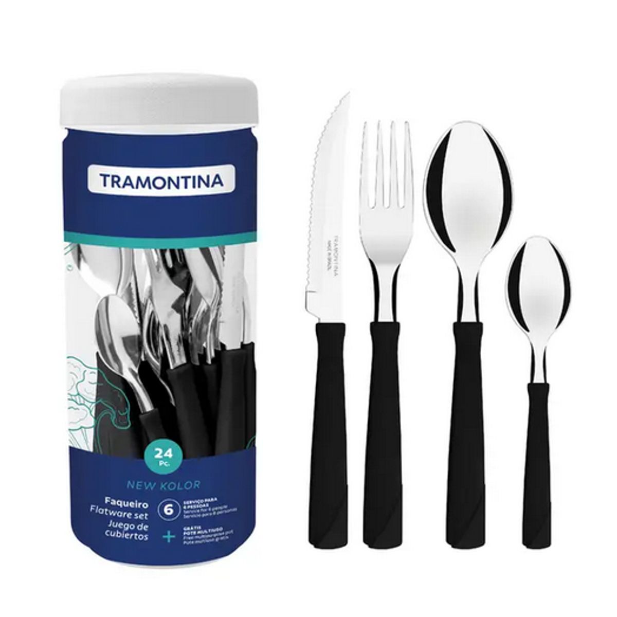 Faqueiro-Tramontina-New-Kolor-Com-L-minas-Em-A-o-Inox-E-Cabos-De-Polipropileno-Preto-24-Pe-as-0