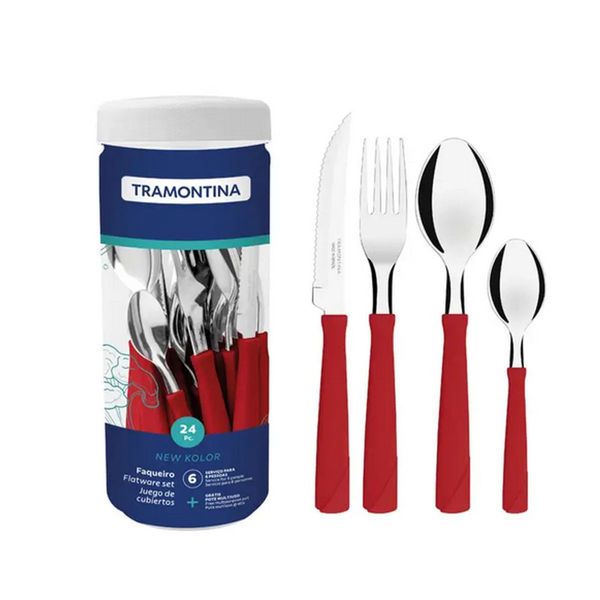 Faqueiro-Tramontina-New-Kolor-Com-L-minas-Em-A-o-Inox-E-Cabos-De-Polipropileno-Vermelho-24-Pe-as-0