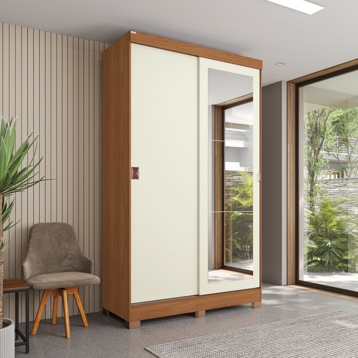 Guarda-Roupa-Cnow-Cb01r588-2-Portas-Slide-2-Gavetas-Com-Espelho-E-Pes-Canela-E-Off-White---Kappesberg-0