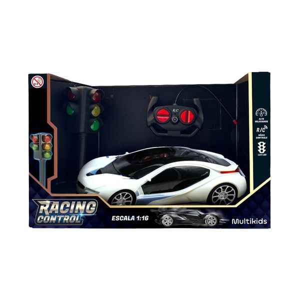 Carrinho Rc 1 16 Racing Control Luzes De Corrida Branco E Azul - Multikids                                                                             0